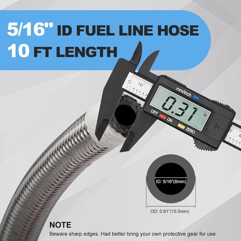 CarBole 10FT Stainless Steel Braided Fuel Line, 5/16" I.D. Diesel Hose Swap EFI PTFE with Fittings for Automotive Fuels Lubricants Coolants - Image 3